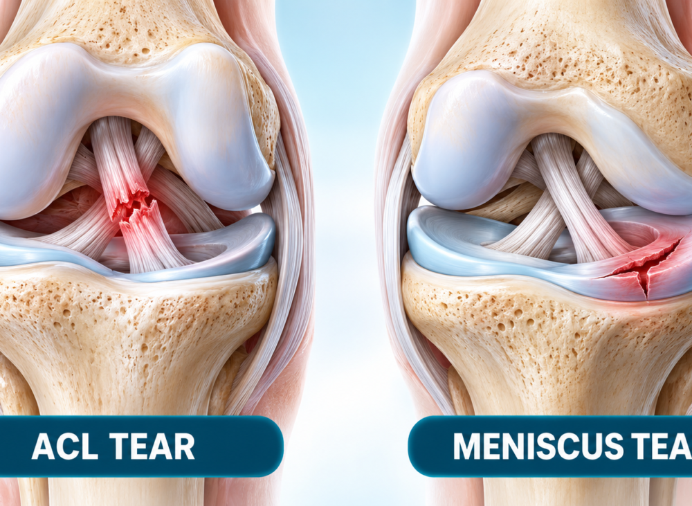 Meniscus Tear vs ACL Injury – 3D illustration comparing ACL ligament and meniscus cartilage tears