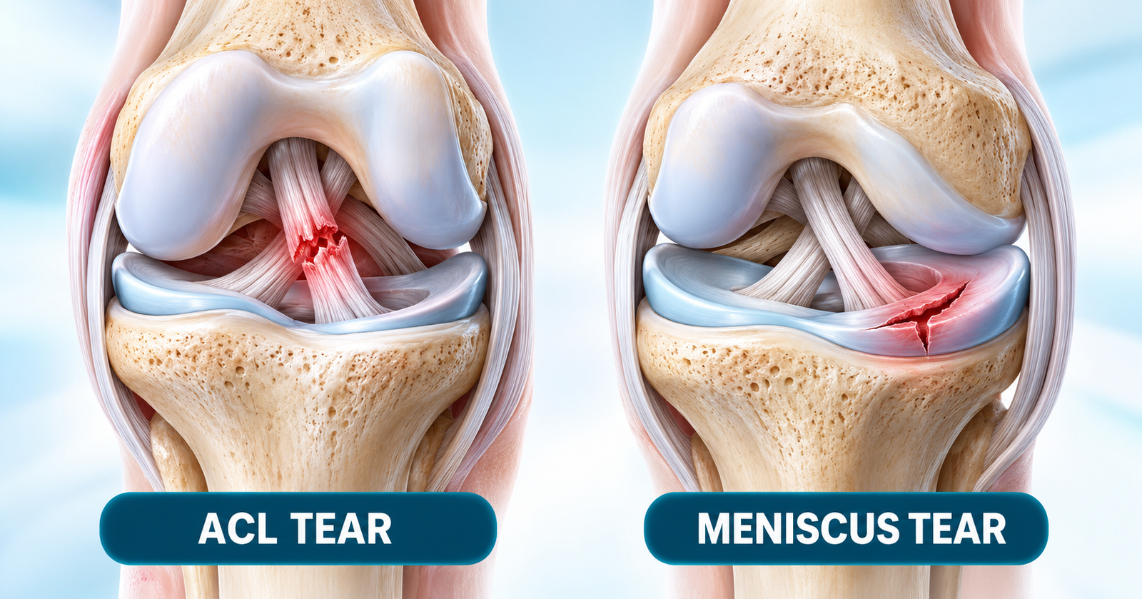 Meniscus Tear vs ACL Injury – 3D illustration comparing ACL ligament and meniscus cartilage tears