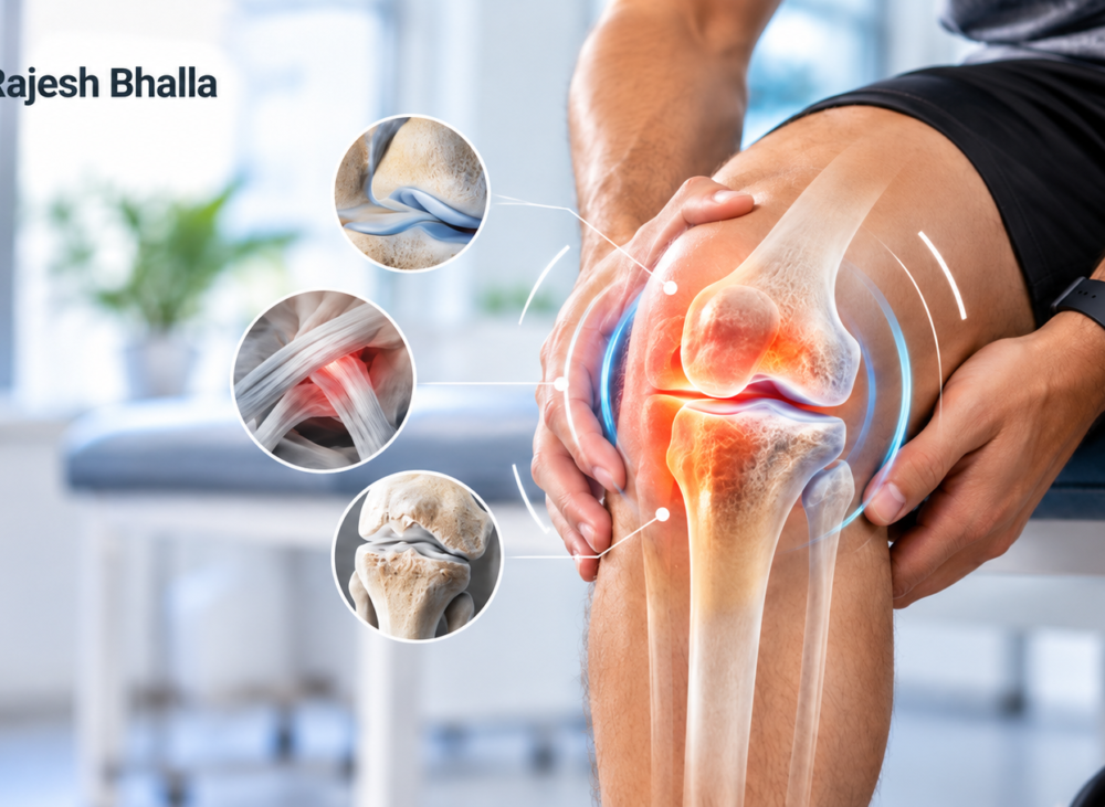 Knee Clicking Sound showing knee joint anatomy, cartilage and possible causes of clicking or popping noises