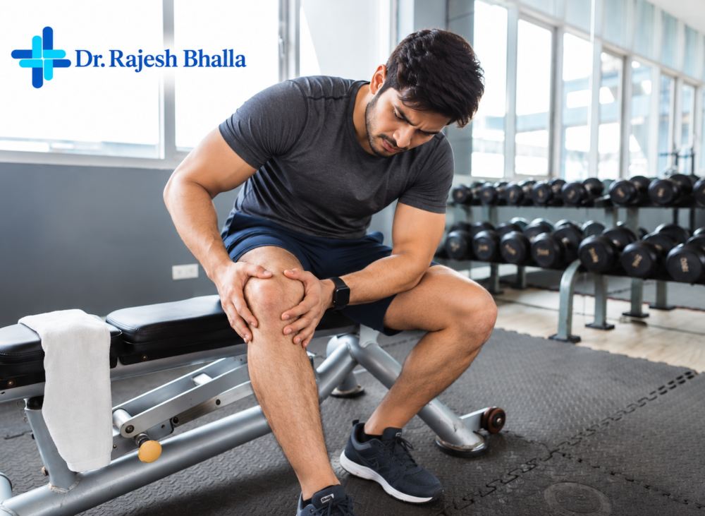 Knee pain after gym showing a young man experiencing knee discomfort following exercise