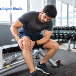 Knee pain after gym showing a young man experiencing knee discomfort following exercise